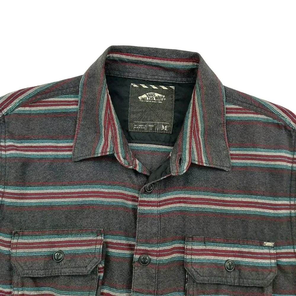 Vans Flannel Shirt Mens Medium Gray Striped Button Up Long Sleeve 100% Cotton